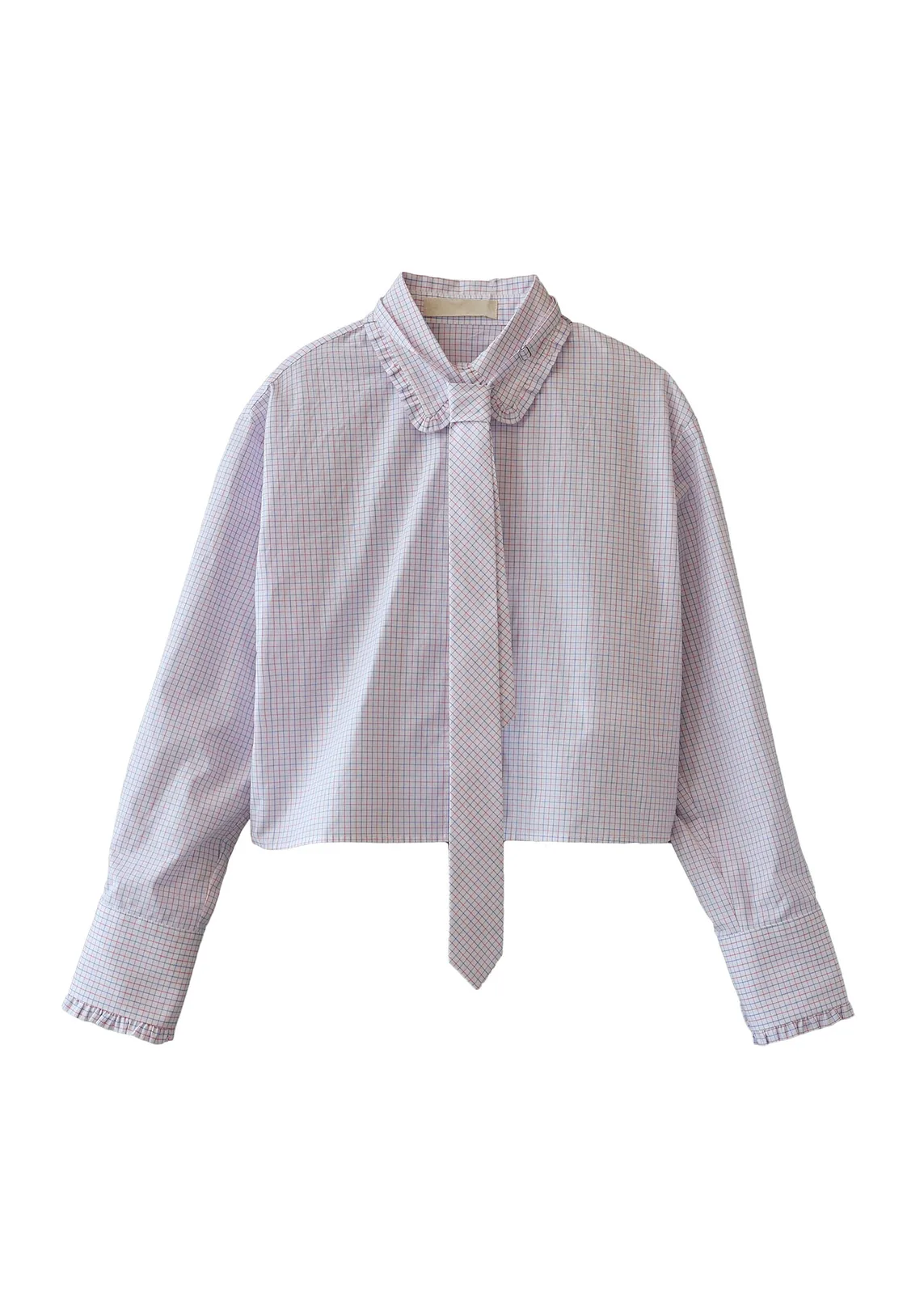 check tie-neck long-sleeve blouse